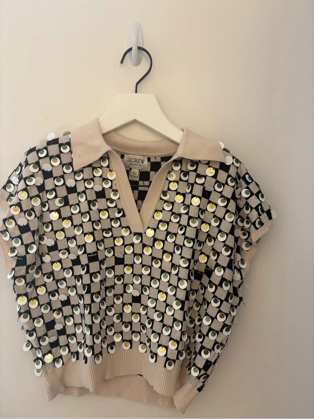 J. Crew Black, White & Beige Sequin Checker Polo Vest - Picture 1 of 3